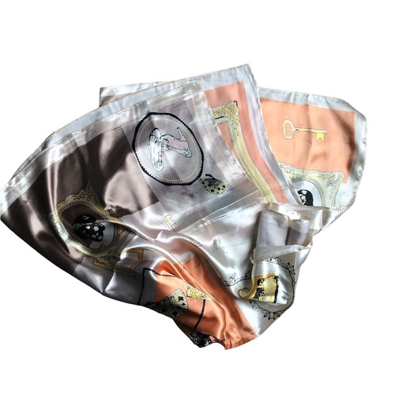 M.O.S.I Silky Square Vintage Scarf Cameo Women Peach Taupe Cream Sz. 35X35” - Picture 6 of 8